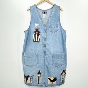 True Blue Dress 1X Denim Cotton Midi Cottagecore Boho Country Farm Patchwork 90s